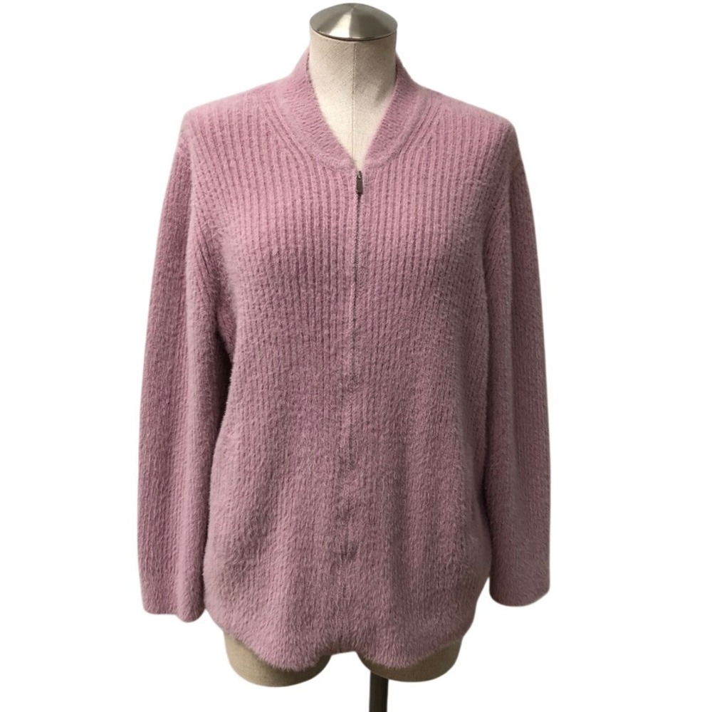 1.STATE Zip Up Cardigan Womens 1X Plus Mauve Pink Ribbed Eyelash Knit Fuzzy